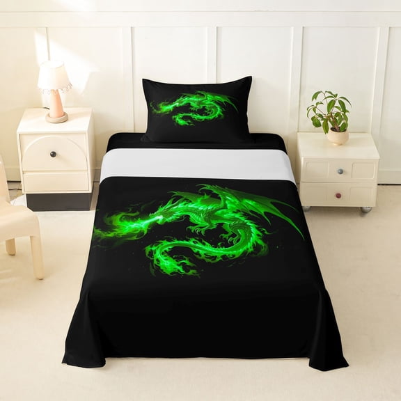 Feelyou Green Fire Dragon Twin Sheet Sets for Men Women Kids, Neon Wildlife Bedding, Green Black, 3 Pieces