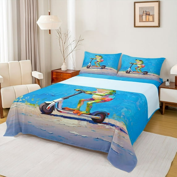 Feelyou Green Frog Animal Full Size Sheets, Oil Printing Artwork Bed Sheets, Teens Kids Girls Boys Sheet Sets, Ultra Soft Bedroom Decor, 4 Pieces