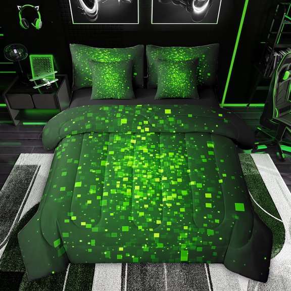 Feelyou Green Futuristic Square Bedding Comforter Set 7 Pieces, Video Gaming Gamer Full Bedding Set, Dreamy Galaxy Sky Reversible Fitted Sheet Flat Sheet, Ultra Soft Bedroom Decor