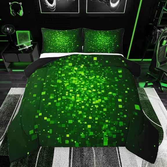 Feelyou Green Futuristic Square Full Size Comforter Sets, Video Gaming Gamer Bedding Comforter Set, Dreamy Galaxy Sky Reversible Bedding Sets, Ultra Soft Bedroom Decor, 3 Pieces