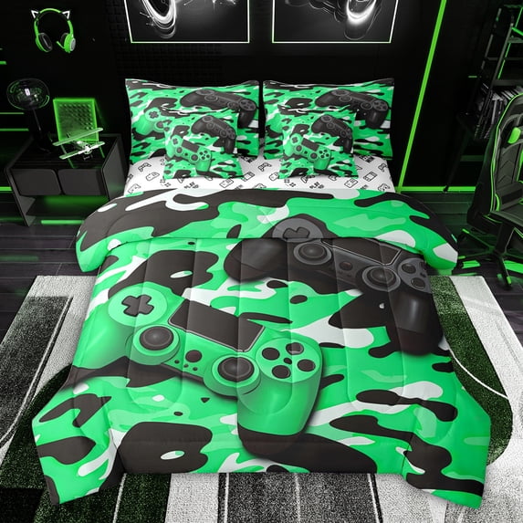 Feelyou Green Game Controller Bedding Comforter Set 7pcs, Fashion Camo Abstract King Bedding Sets, Cartoon Gamepad Theme Reversible Bed Sheets, Luxury Bedroom Decor