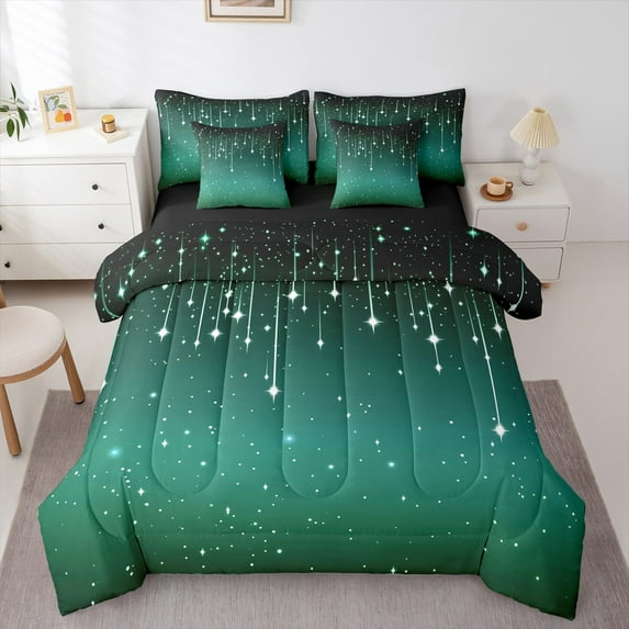 Feelyou Green Glitter Galaxy Bedding Comforter Set 7pcs for Kid, Dreamy Mystic Stars Queen Bedding Sets, Cartoon Theme Reversible Queen Sheet Sets, Ultra Soft Home Decor