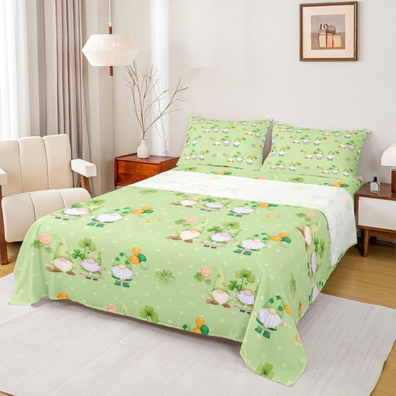 Feelyou Green Gnome Kids Bed Sheets, Lucky Shamrock Plant King Sheets, 4pcs
