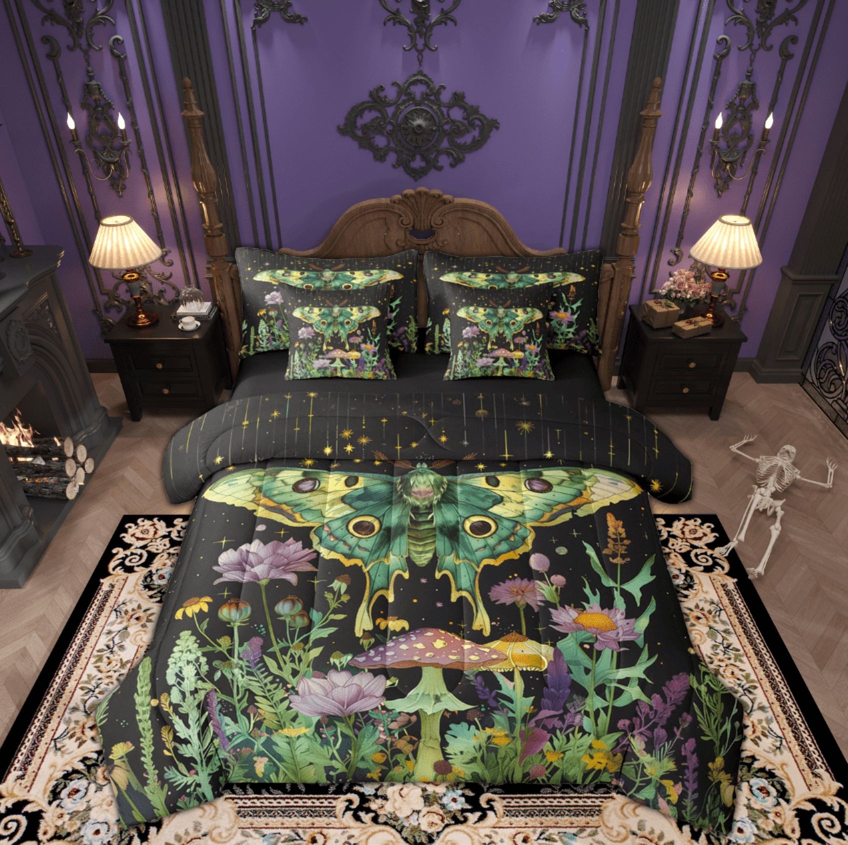 Flyff Rgothic Set Feelyou Green Gothic Moth Bedding Comforter Set 7pcs, Bohemian Jungle ...