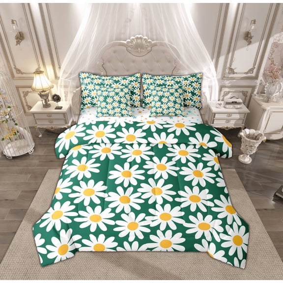 Feelyou Green Groovy Flower Bedding Comforter Set 7-Piece for Girls, Rustic Daisy Floral King Bedding Sets, Vibrant Plant Reversible Bed Sheets, Luxury Bedroom Decor
