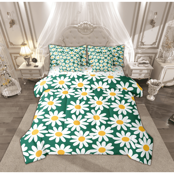 Feelyou Green Groovy Flower Bedding Comforter Set 7 Pieces for Girls, Rustic Daisy Floral Full Bedding Set, Vibrant Plant Reversible Fitted Sheet Flat Sheet, Luxury Bedroom Decor