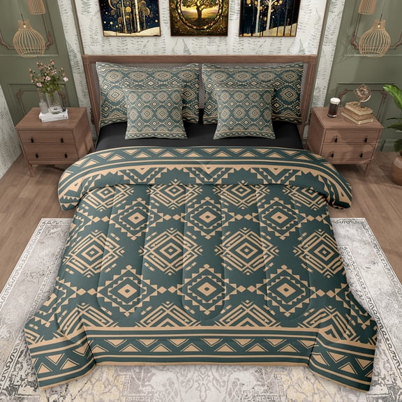 Feelyou Green Hippie Aztec Bedding Comforter Set 7pcs for Women, Tribal Triangle Abstract King Bedding Sets, Vintage Bohemian Style Reversible Bed Sheets, Microfiber Bedroom Decor
