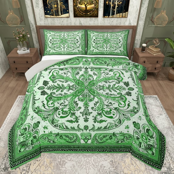 Feelyou Green Hippie Damask Queen Comforter Set for Women, Retro Boho Paisley Bedding Sets, Southwestern Fashion Reversible Bedding Comforter Set, Ultra Soft Bedroom Decor, 3pcs