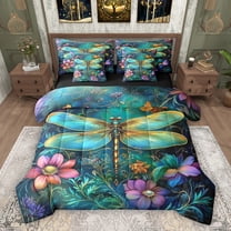 Feelyou Green Hippie Dragonfly Twin Bedding Sets 7pcs, Flower Botanical Comforter Set
