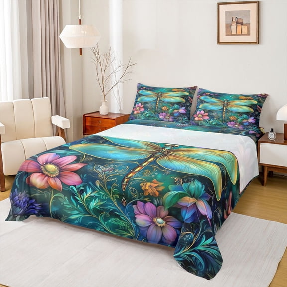 Feelyou Green Hippie Dragonfly Twin Sheet Sets, Jungle Flower Botanical Bedding, 3pcs