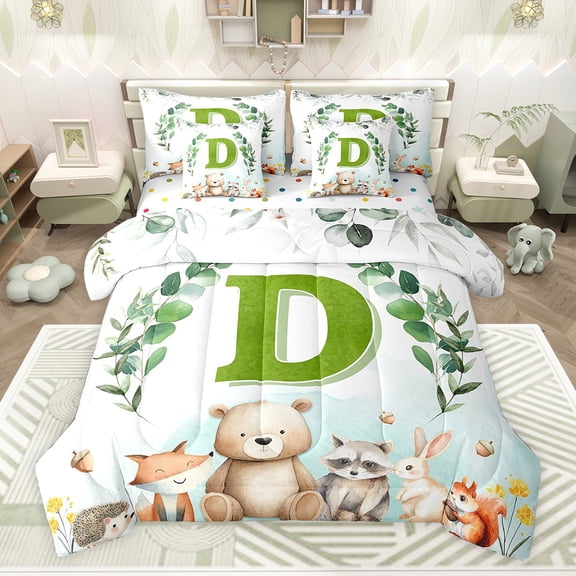Feelyou Green Initial D Letter Bedding Comforter Set 7pcs, Kawaii Bear Fox Animal King Bedding Sets, Eucalyptus Leaves Reversible Bed Sheets, Ultra Soft Bedroom Decor