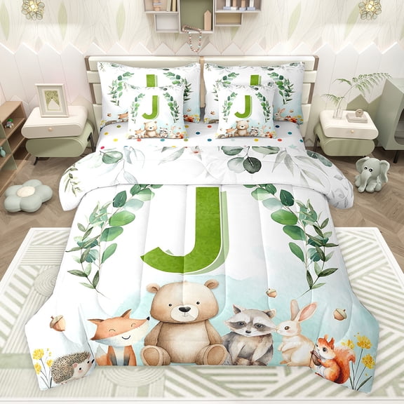 Feelyou Green Initial J Letter Bedding Comforter Set 7pcs, Kawaii Bear Fox Animal King Bedding Sets, Eucalyptus Leaves Reversible Bed Sheets, Ultra Soft Bedroom Decor
