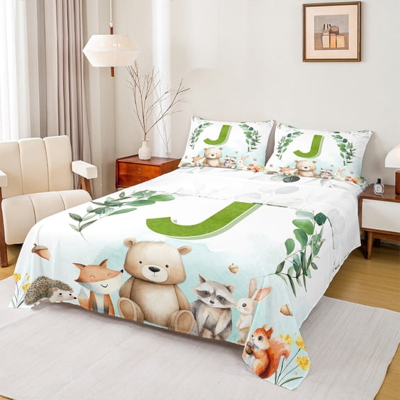 Feelyou Green Initial J Letter Twin Sheet Sets, Kawaii Bear Fox Animal Twin Fitted Sheet, Eucalyptus Leaves Flat Sheet, Ultra Soft Bedroom Decor, 3pcs