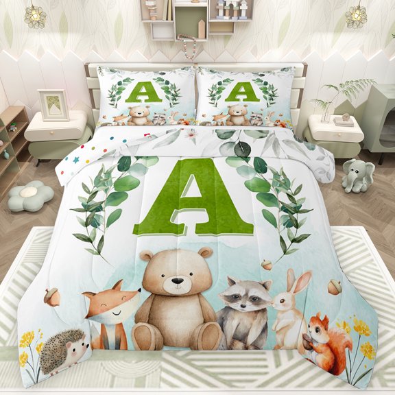 Feelyou Green Initial A Letter Bedding Comforter Set, Kawaii Bear Fox Animal Twin Comforter Sets, Eucalyptus Leaves Reversible Bedding Set, Luxury Bedroom Decor, 2pcs