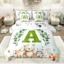 Feelyou Green Initial A Letter Twin Bedding Sets 7-Piece, Kawaii Bear Fox Animal Bedding Comforter Set, Eucalyptus Leaves Reversible Sheet Sets, Luxury Bedroom Decor