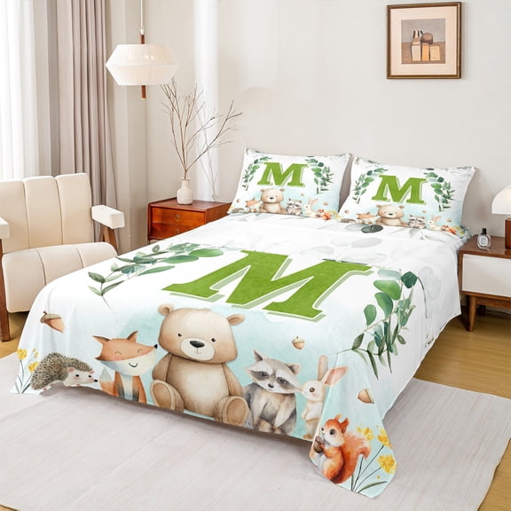 Feelyou Green Initial M Letter Bed Sheets, Kawaii Bear Fox Animal King Sheets, Eucalyptus Leaves Sheet Set, Luxury Bedroom Decor, 4pcs