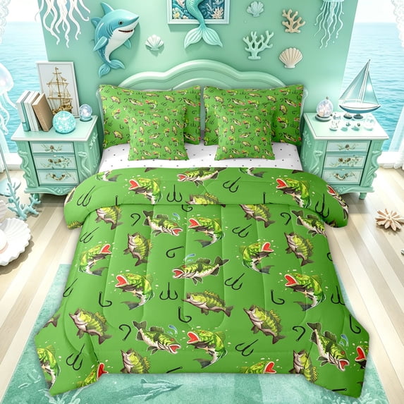 Feelyou Green Largemouth Bass Fish Bedding Comforter Set for Men Kids, Retro Hook Wildlife Queen Bedding Sets, Reversible, 7 Pieces
