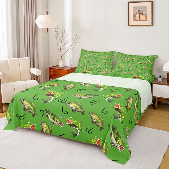 Feelyou Green Largemouth Bass Fish Full Size Sheets for Men Kids, Retro Hook Wildlife Bed Sheets, 4 Pieces