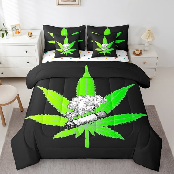 Feelyou Green Leaf Print Bedding Comforter Set 7-Piece, Cartoon Plant Botanical King Bedding Sets, Boys Girls Kids Adult Reversible Bed Sheets, Lightweight Room Decor