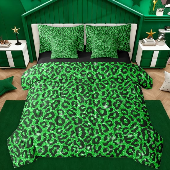 Feelyou Green Leopard Print Bedding Comforter Set 7pcs, Modern Fashion Polkadots King Bedding Sets, Cheetah Wildlife Reversible Bed Sheets, Microfiber Bedroom Decor