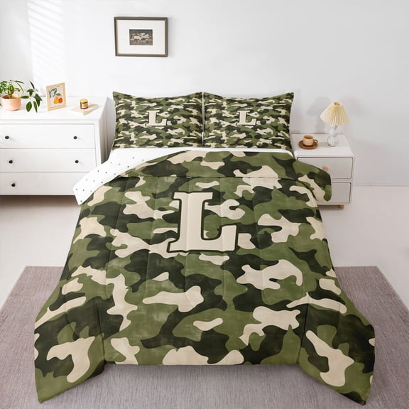 Feelyou Green Letter L Twin Comforter Sets, A-Z Monogrammed, Camo Bedding Set, 2pcs