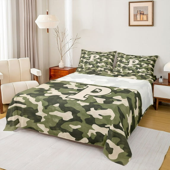 Feelyou Green Letter P Queen Sheet Sets, A-Z Monogrammed, Camo Bed Set, 4-Piece