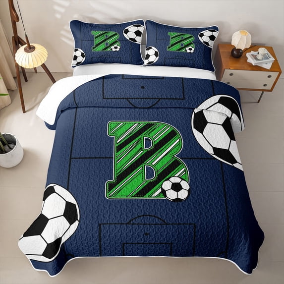 Feelyou Green Lines Letter B Twin Quilt Set for Boys, Cartoon Stripe Ball Print Twin Coverlet Set, 2pcs