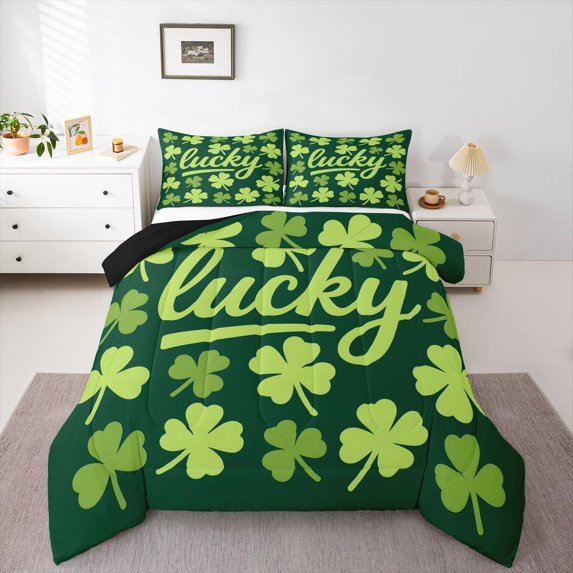 Feelyou Green Lucky Shamrock Full Size Comforter Sets, Spring Plant Bedding Sets, 3pcs
