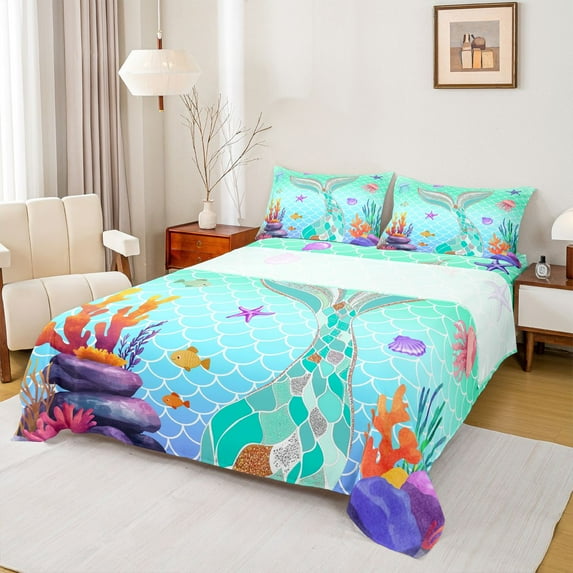 Feelyou Green Mermaid Scale Bed Sheets, Sea Starfish Coral King Sheets, 4-Piece