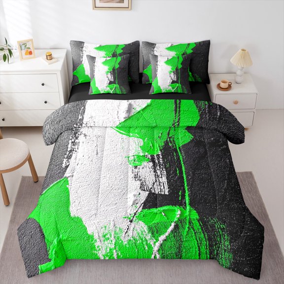 Feelyou Green Oil Printing Bedding Comforter Set 7 Pieces, Modern Fashion Artwork Full Bedding Set, Teen Kid Adult Reversible Fitted Sheet Flat Sheet, Breathable Home Decor