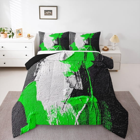 Feelyou Green Oil Printing Bedding Comforter Set, Modern Fashion Artwork Twin Comforter Sets, Teen Kid Adult Reversible Bedding Set, Breathable Home Decor, 2-Piece