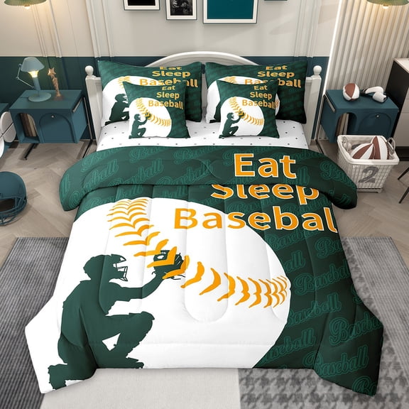 Feelyou Green Orange Helmet Bedding Comforter Set 7pcs for Teen, Eat Baseball Sleep King Bedding Sets, Cartoon Sports Theme Reversible Bed Sheets, Luxury Bedroom Decor
