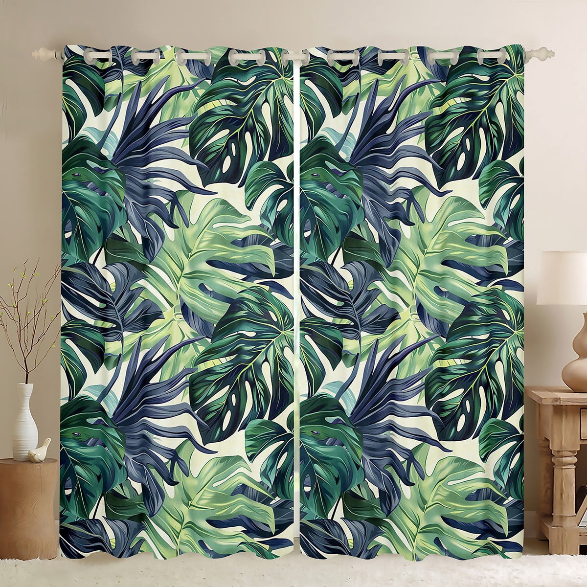 Feelyou Green Palm Tree Leaf Curtains and Drapes, Tropical Plant Black ...