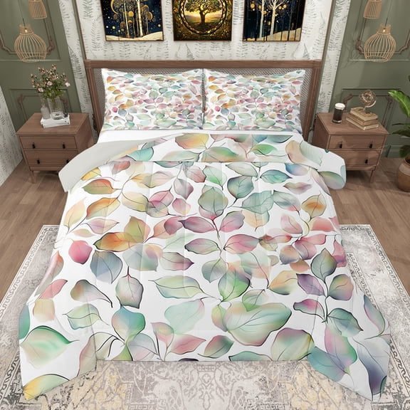 Feelyou Green Pink Leaf Queen Comforter Set, Dreamy Cartoon Plant Bedding Sets, Teens Kids Boys Girls Reversible Bedding Comforter Set, Breathable Home Decor, 3 Pieces