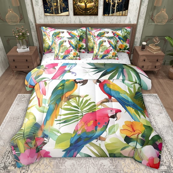 Feelyou Green Pink Parrot Bedding Comforter Set 7pcs for Teen, Tropic Palm Leaves Queen Bedding Sets, Watercolor Flower Floral Reversible Queen Sheet Sets, Luxury Bedroom Decor