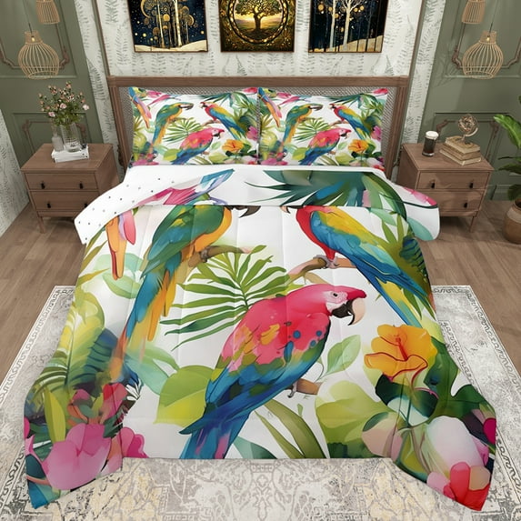 Feelyou Green Pink Parrot Bedding Comforter Set for Teen, Tropic Palm Leaves Twin Comforter Sets, Watercolor Flower Floral Reversible Bedding Set, Luxury Bedroom Decor, 2pcs