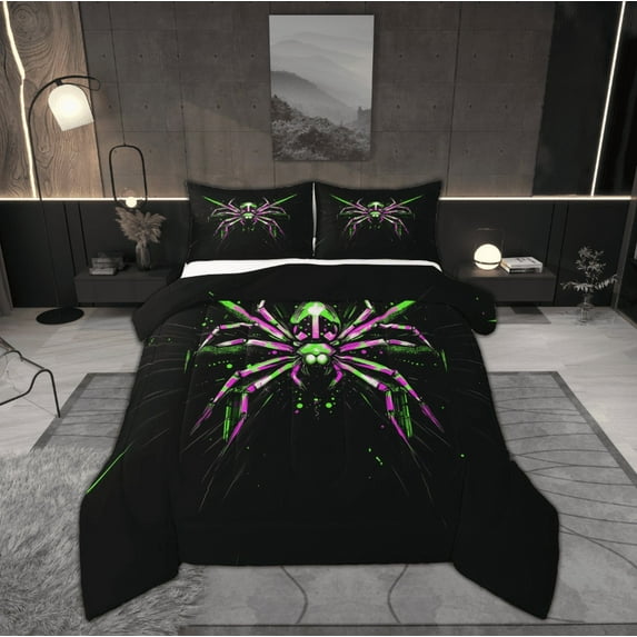 Feelyou Green Pink Spider 01, Stripes Dots Twin Comforter Sets, Halloween Theme Reversible Bedding Set, Breathable Home Decor,2 Pieces