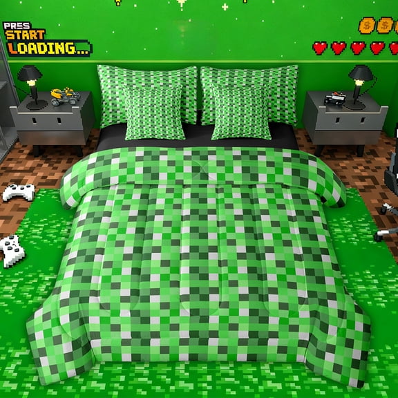 Feelyou Green Pixelate Miner Twin Bedding Sets 7pcs, Retro Video Game Comforter Set