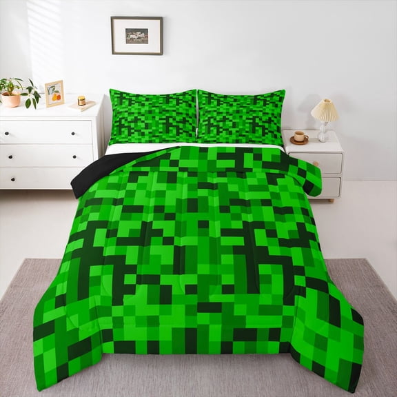 Feelyou Green Pixelate Miner Twin Comforter Sets, Retro Square Abstract Bedding Set, 2pcs