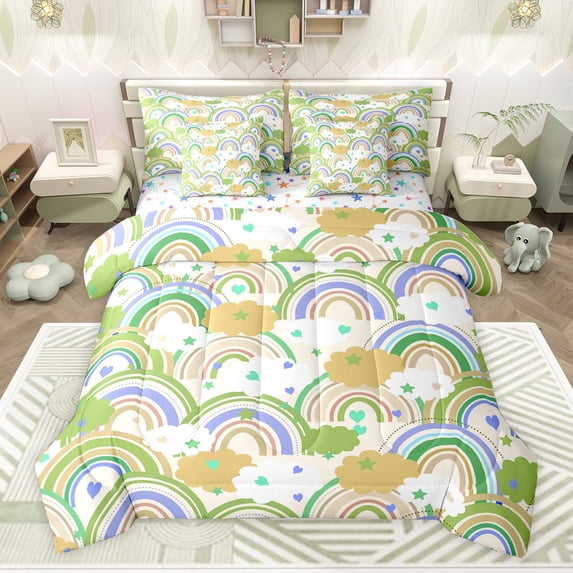 Feelyou Green Rainbow Child Bedding Comforter Set 7pcs, Kawaii Stars Love Heart King Bedding Sets, Fairy Tale Style Reversible Bed Sheets, Luxury Bedroom Decor