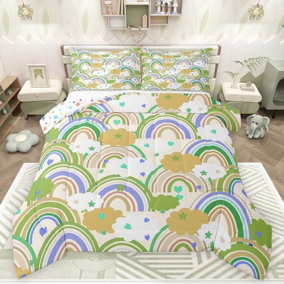 Feelyou Green Rainbow Child Bedding Comforter Set, Kawaii Stars Love Heart Twin Comforter Sets, Fairy Tale Style Reversible Bedding Set, Luxury Bedroom Decor, 2-Piece