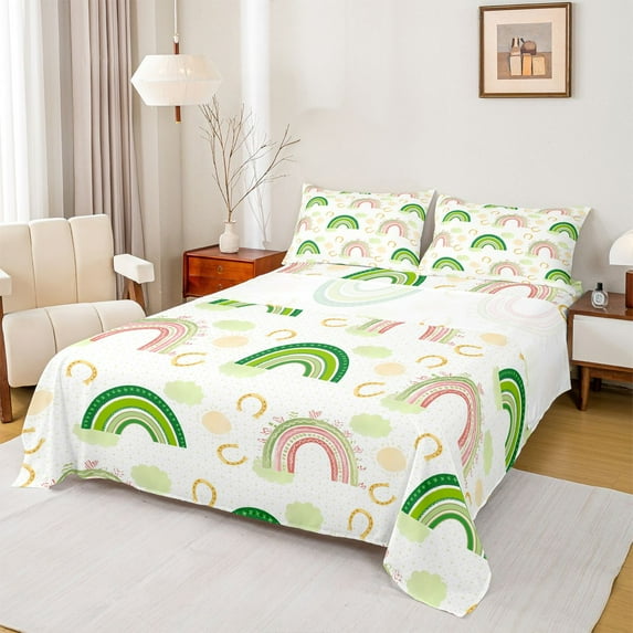 Feelyou Green Rainbow Kid Full Size Sheets, Cartoon Sky Cloud Bed Sheets, 4-Piece