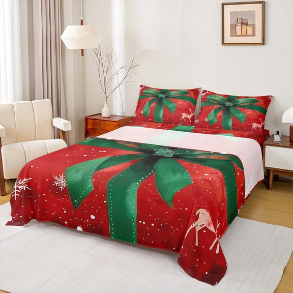 Feelyou Green Red Ribbon Queen Sheet Sets, Winter Snowflake Flat Sheet, Merry Christmas Queen Fitted Sheet, Breathable Home Decor,4-Piece