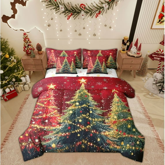Feelyou Green Red Tree Twin Bedding Sets 7-Piece, Bling Gold Stars Bedding Comforter Set, Merry Christmas Reversible Sheet Sets, Luxury Bedroom Decor