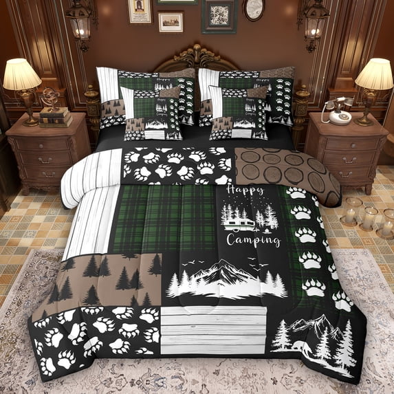 Feelyou Green Retro Buffalo Bedding Comforter Set 7pcs, Jungle Pine Tree King Bedding Sets