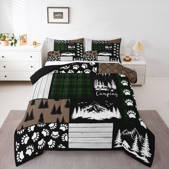 Feelyou Green Retro Buffalo Full Size Comforter Sets, Jungle Pine Tree Bedding Sets, 3pcs