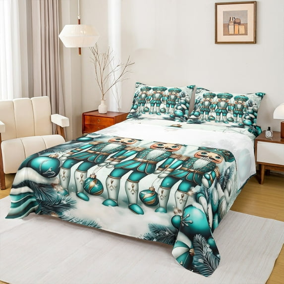 Feelyou Green Royal Nutcracker Bed Sheets, Cartoon Christmas Ball King Sheets, Teens Kids Boys Girls Sheet Set, Super Cozy Room Decor, 4pcs