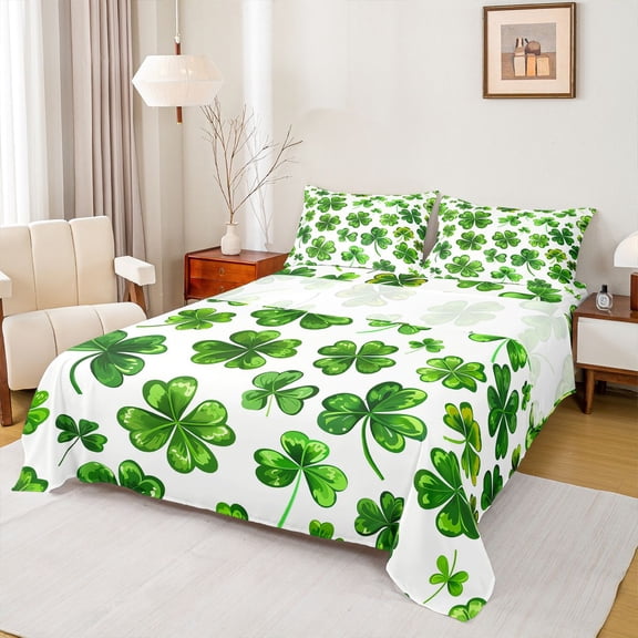 Feelyou Green Shamrock Kids Full Size Sheets, Lucky Spring Plant Bed Sheets, 4-Piece