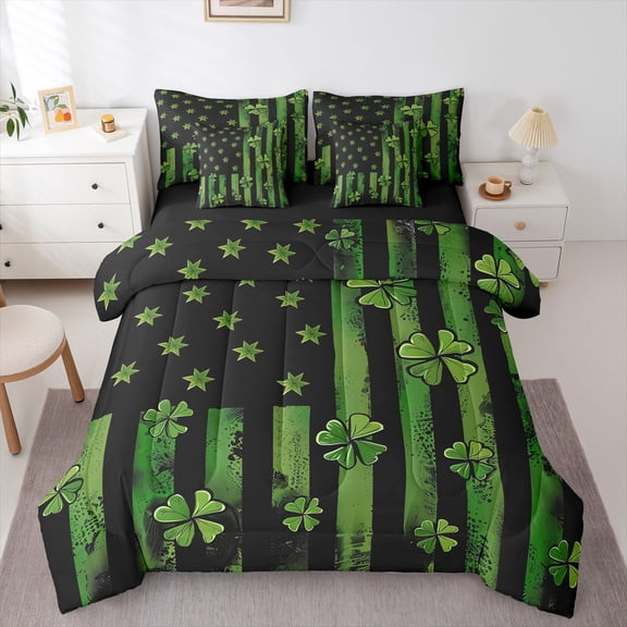 Feelyou Green Shamrock Kids Twin Bedding Sets 7-Piece, Retro US Flag Bedding Comforter Set