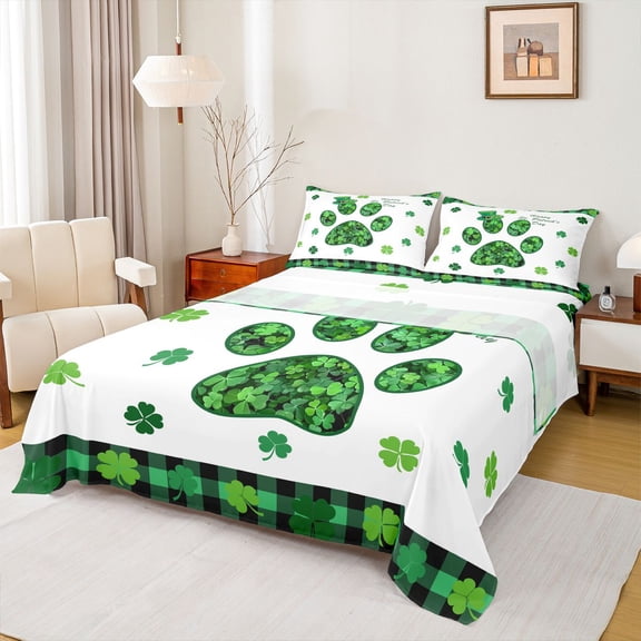 Feelyou Green Shamrock Leaf Bed Sheets for Teen, Plant Botanical King Sheets, Western St. Patrick's Day Sheet Set, Microfiber Bedroom Decor, 4 Pieces